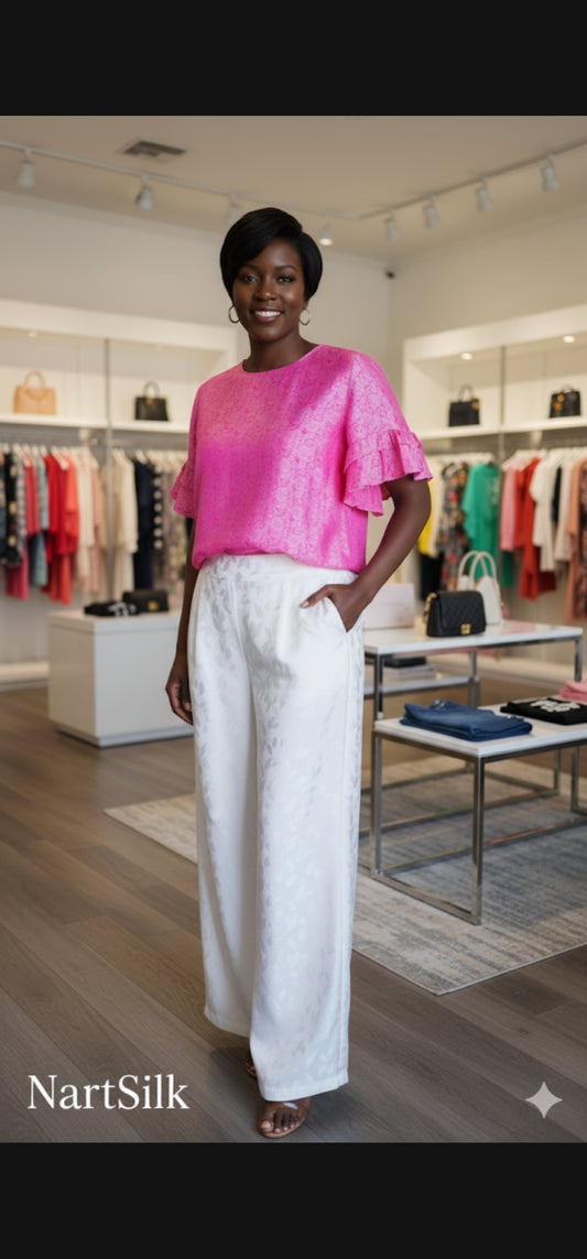 Vibrant Hot Pink Mulberry Silk Jacquard Blouse with Ruffle Sleeves