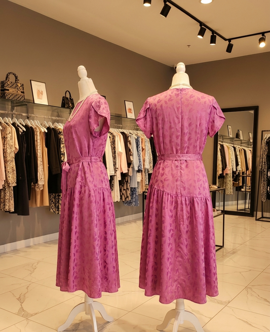 Plum Blossom Feather Midi
Drop-Waist Dress with Sash AD-001A