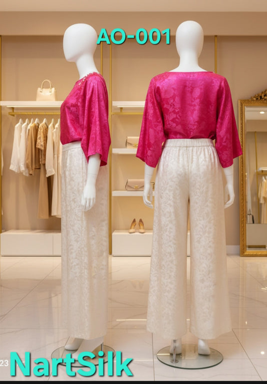 Vibrant Hot Pink Jacquard Silk Blouse & Wide-Leg Pants Set