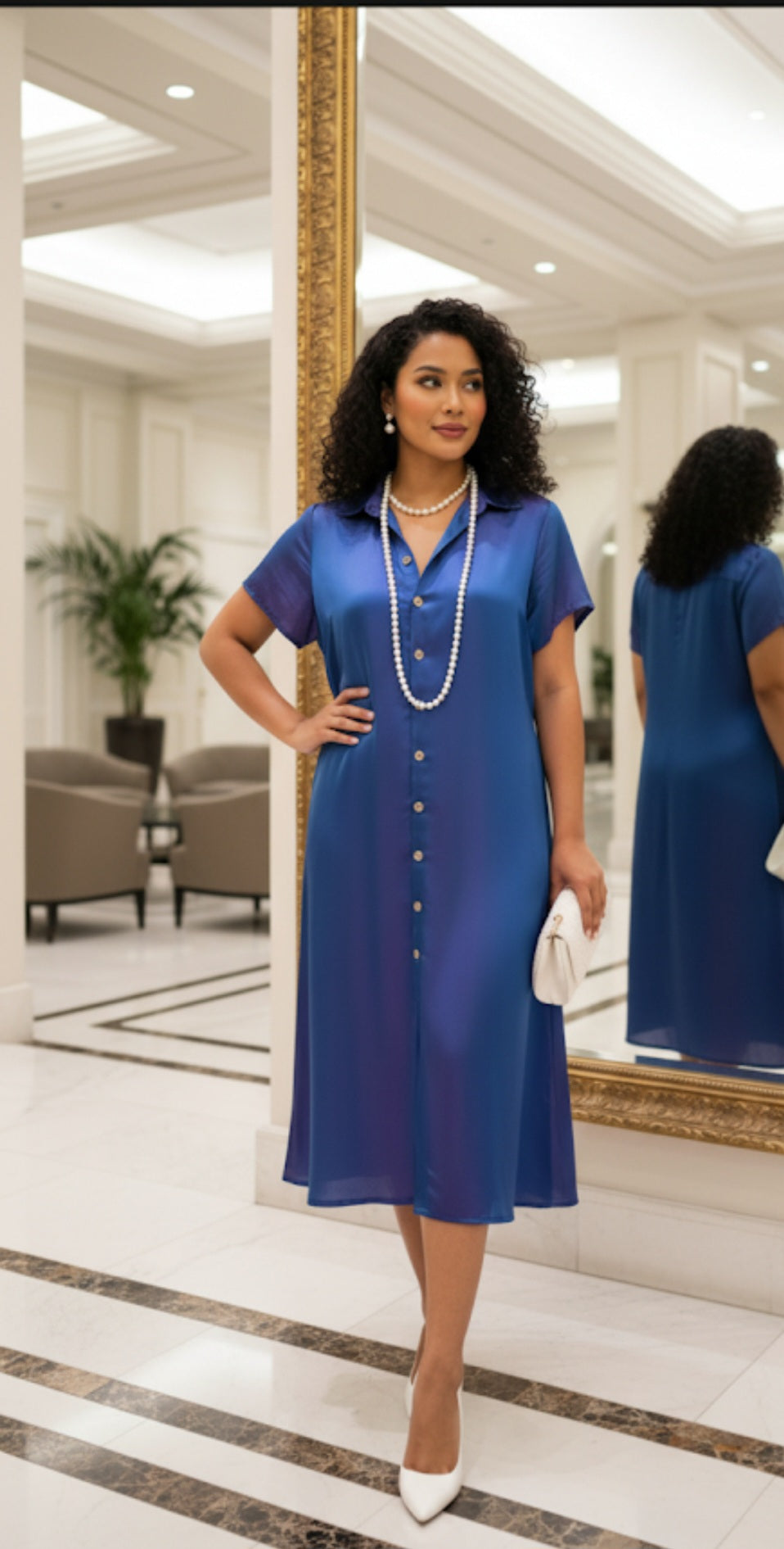 The Iridescent Blue-Violet Silk Shirt Dress AD-004
