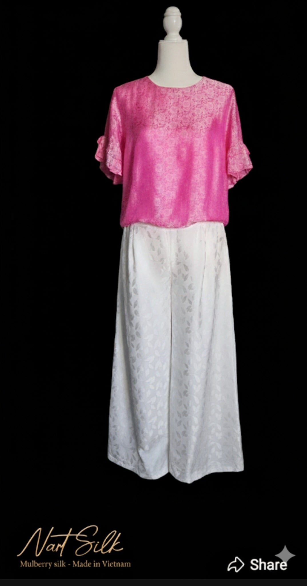 Vibrant Hot Pink Mulberry Silk Jacquard Blouse with Ruffle Sleeves