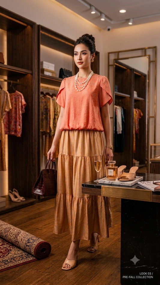 Coral Tulip-Sleeve Blouse & Champagne Tiered Maxi Skirt- BL 011C +SK 002