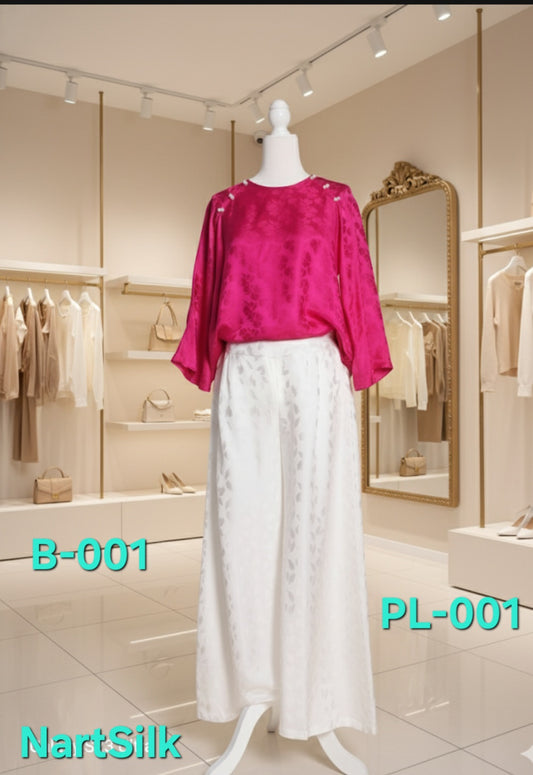 Vibrant Hot Pink Jacquard Silk Blouse & Wide-Leg Pants Set