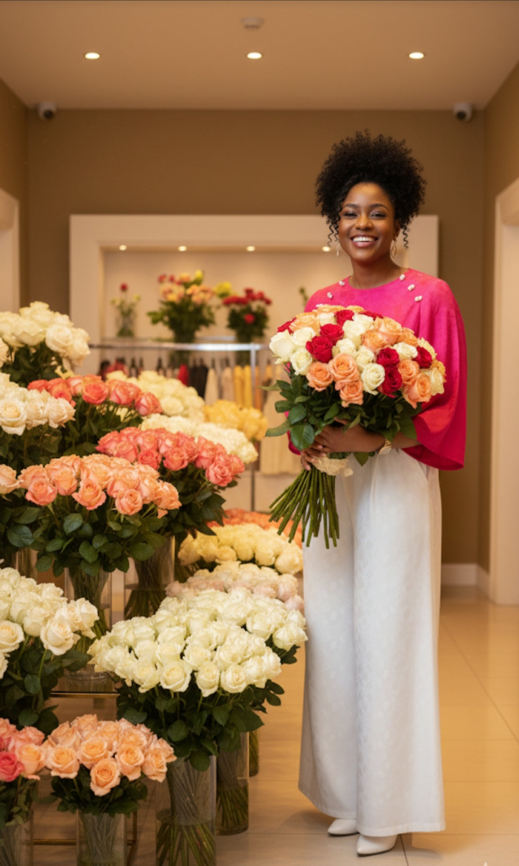 Vibrant Hot Pink Jacquard Silk Blouse & Wide-Leg Pants Set