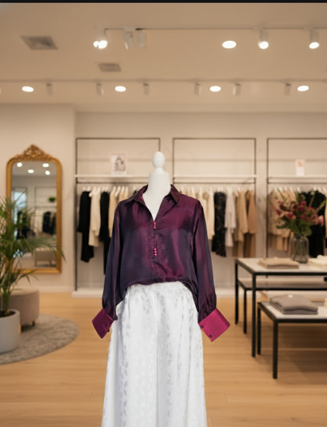 Iridescent Plum V-neck Mulberry silk pull-over and White Wide-Leg Trousers