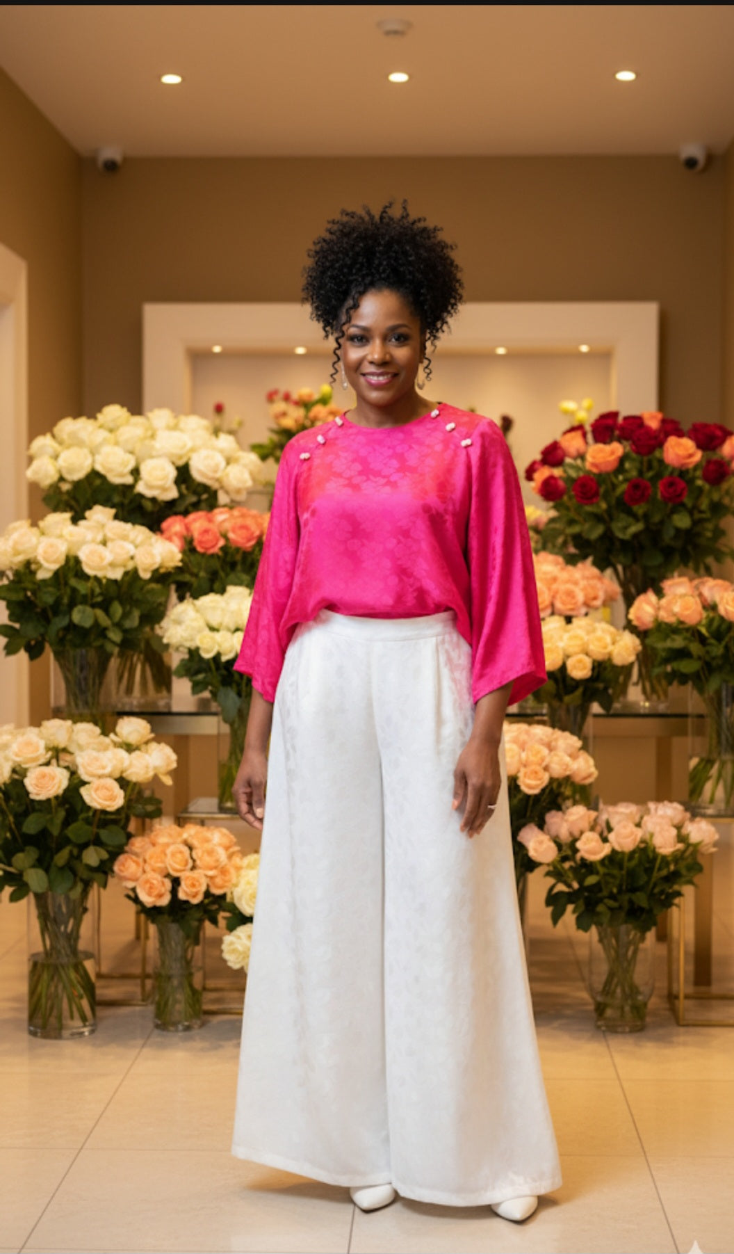 Vibrant Hot Pink Jacquard Silk Blouse & Wide-Leg Pants Set