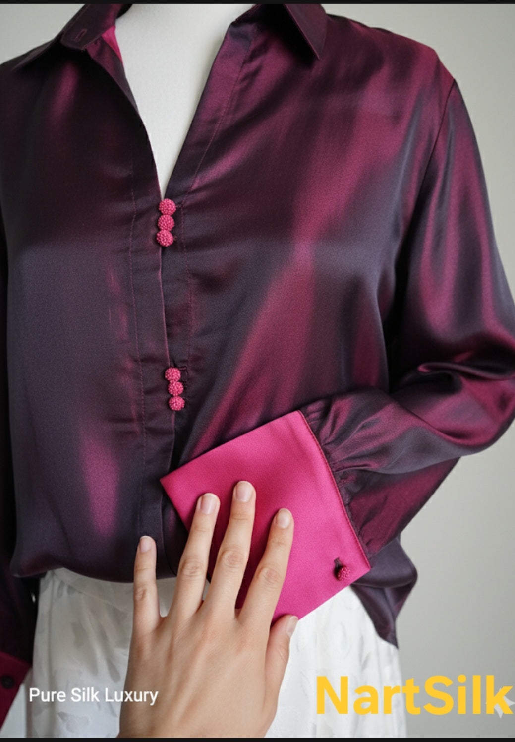 Iridescent Plum V-neck Mulberry silk pull-over and White Wide-Leg Trousers