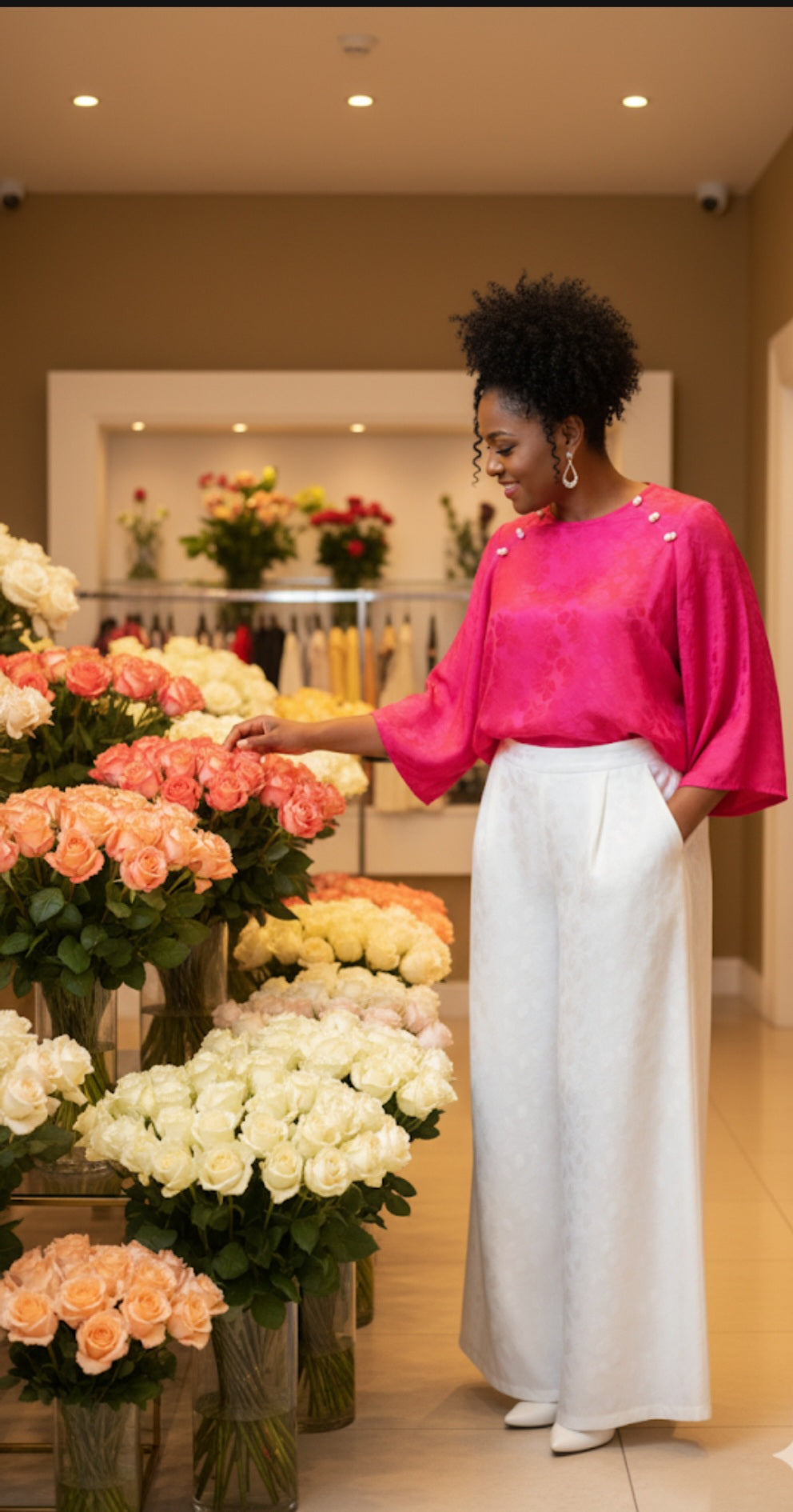 Vibrant Hot Pink Jacquard Silk Blouse & Wide-Leg Pants Set