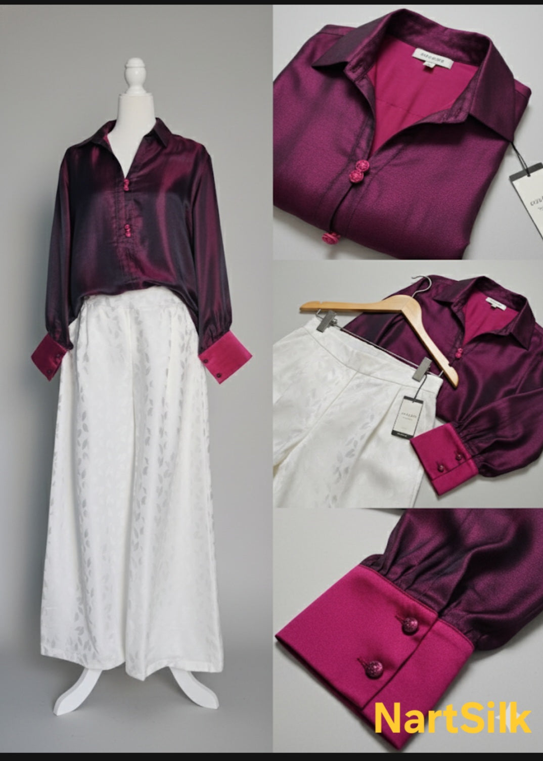 Iridescent Plum V-neck Mulberry silk pull-over and White Wide-Leg Trousers