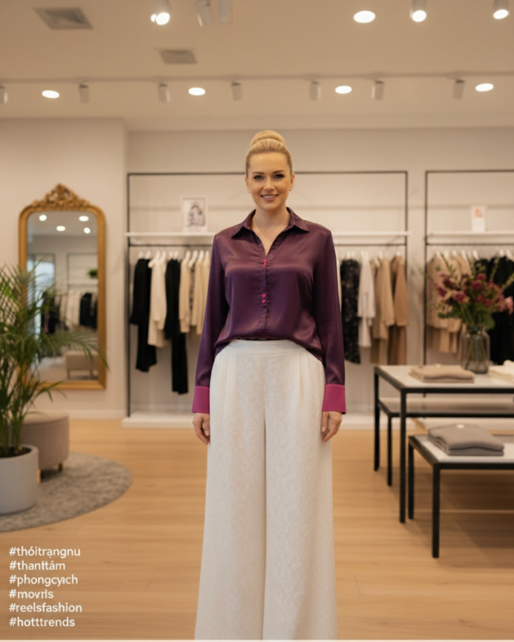 Iridescent Plum V-neck Mulberry silk pull-over and White Wide-Leg Trousers