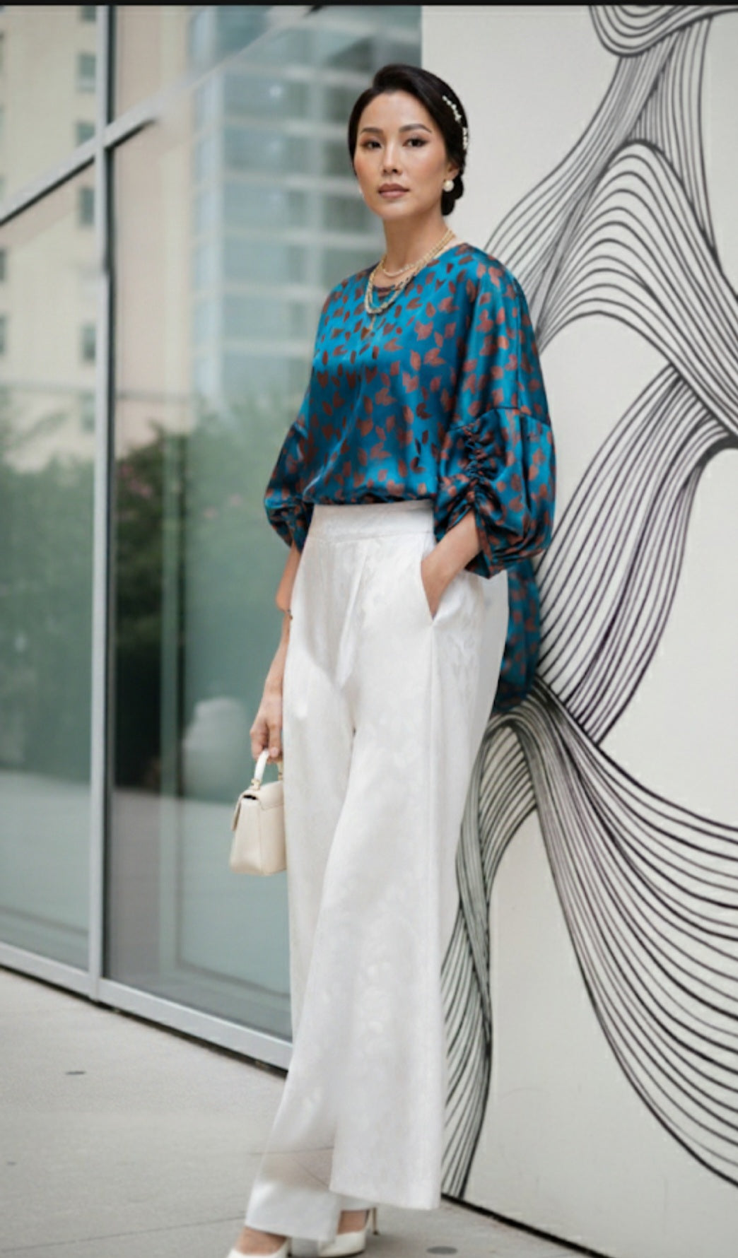 Feathers Patterned Mulberry Silk Blouse and Wide leg pants