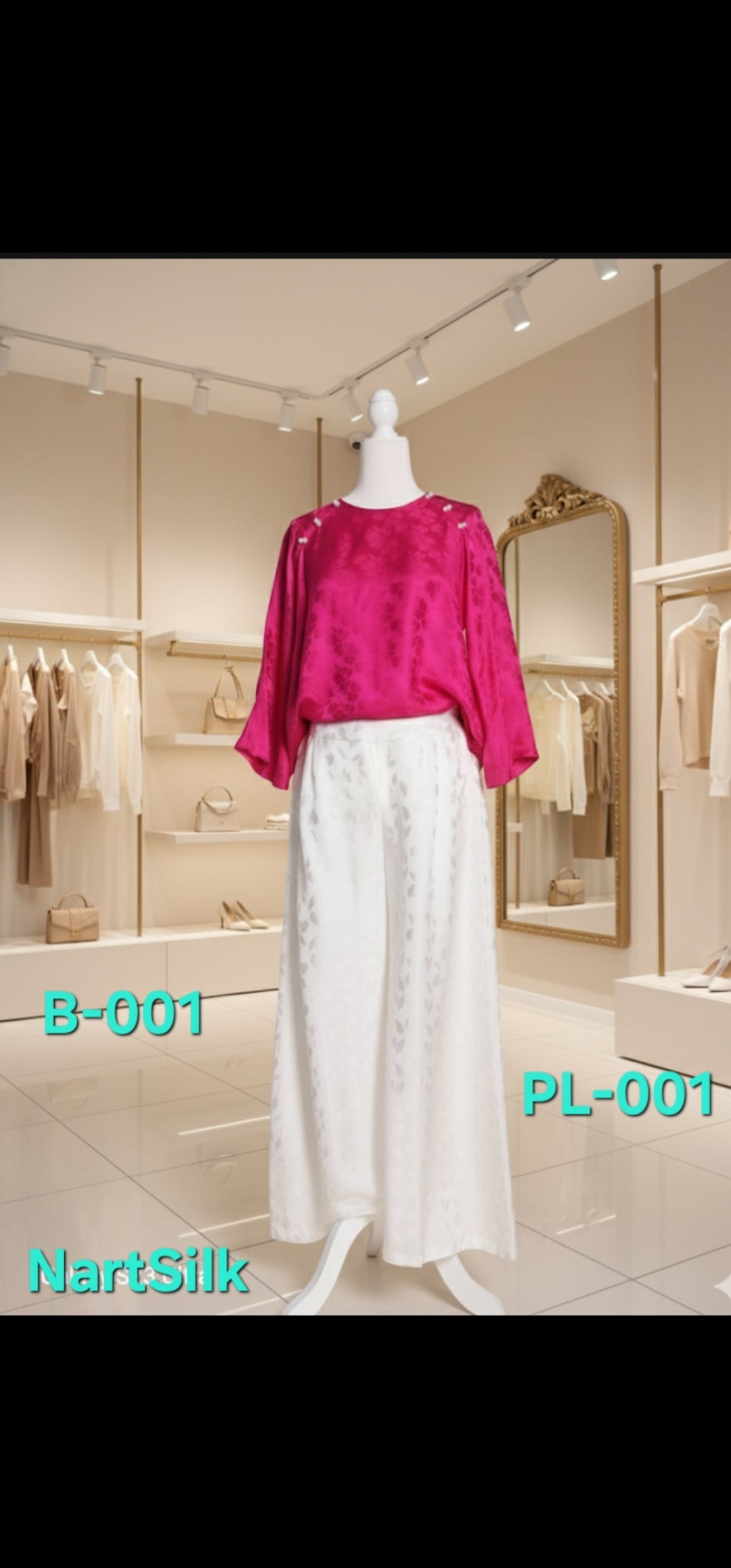 Vibrant Hot Pink Jacquard Silk Blouse & Wide-Leg Pants Set