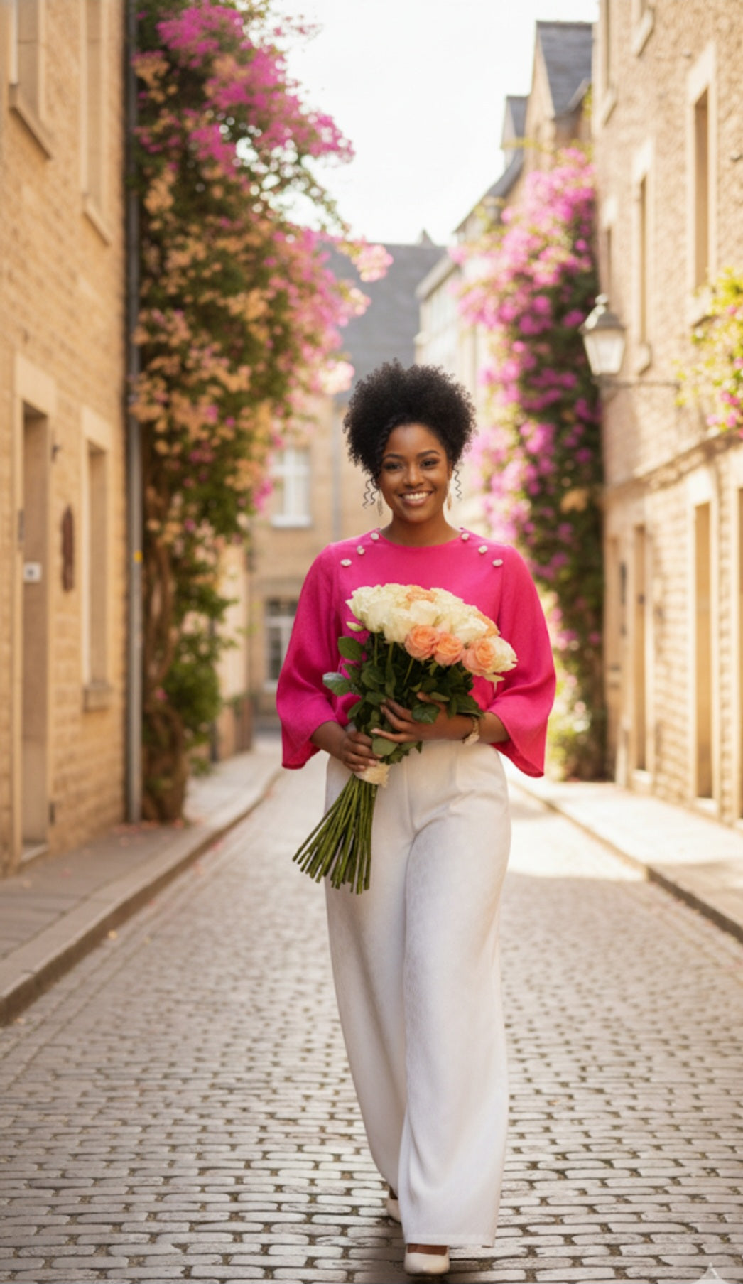 Vibrant Hot Pink Jacquard Silk Blouse & Wide-Leg Pants Set