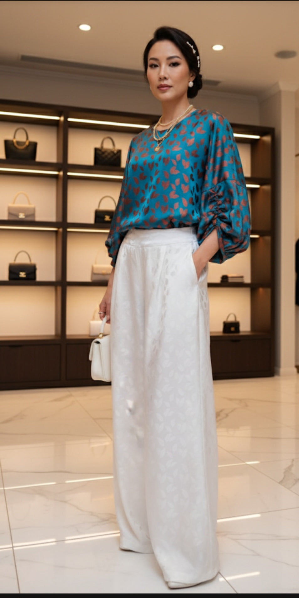 Feathers Patterned Mulberry Silk Blouse and Wide leg pants