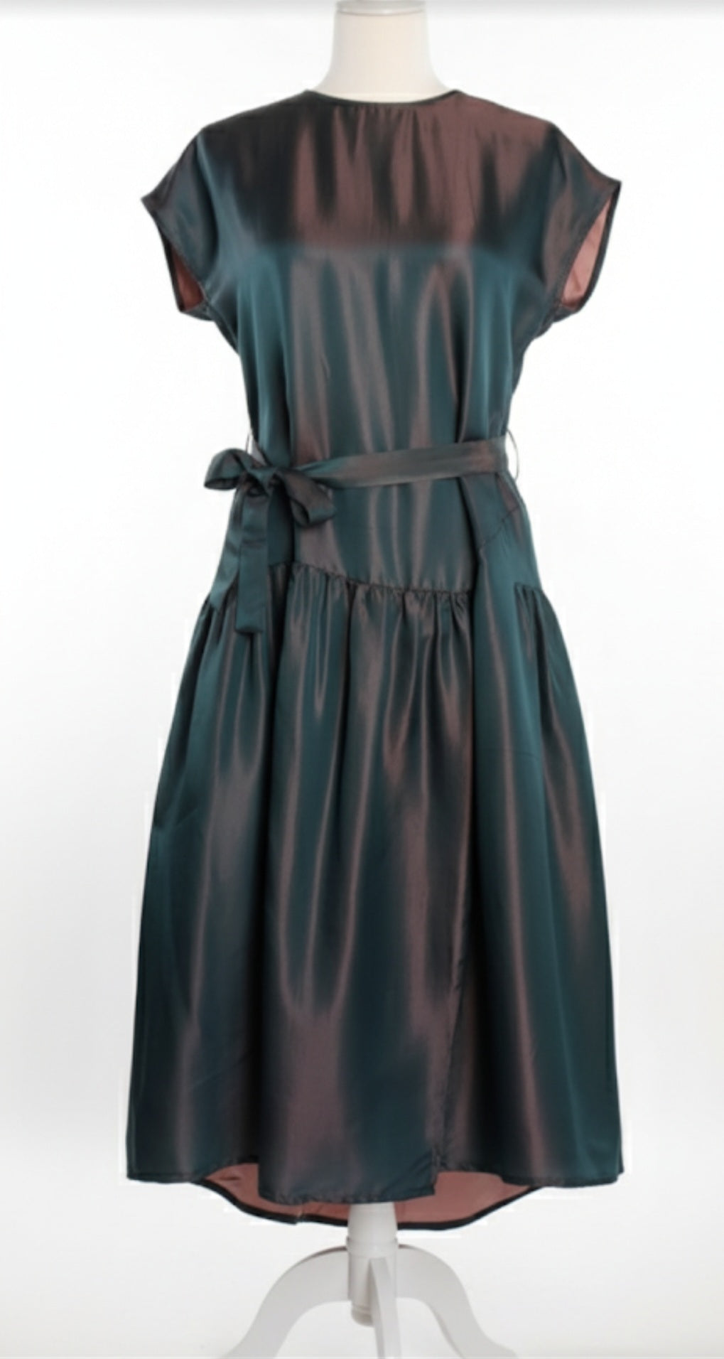 Iridescent Teal & Plum Silk Drop-Waist Dress with Sash AD-001