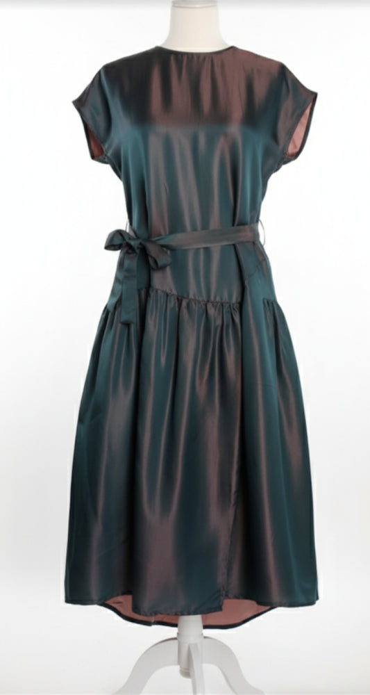 Iridescent Teal & Plum Silk Drop-Waist Dress with Sash AD-001