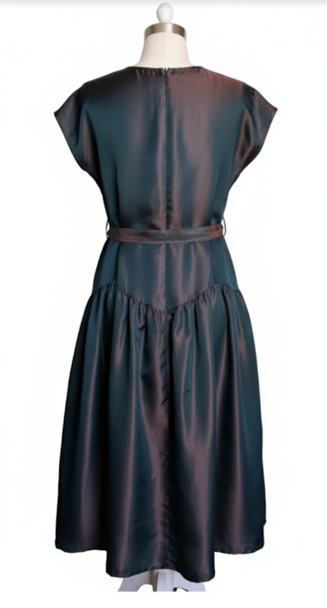Iridescent Teal & Plum Silk Drop-Waist Dress with Sash AD-001