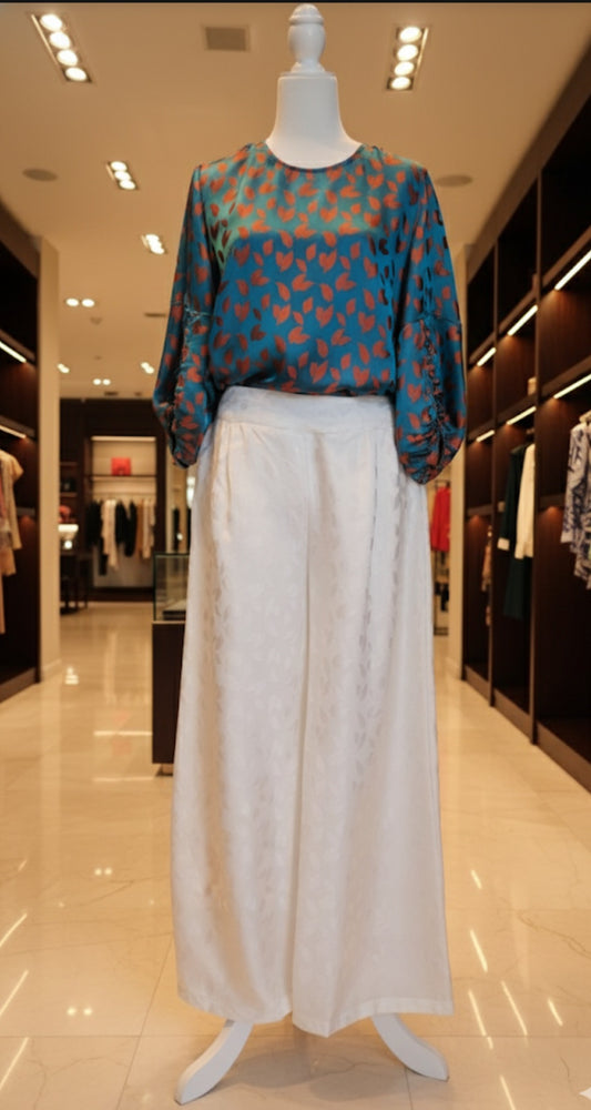 Feathers Patterned Mulberry Silk Blouse and Wide leg pants