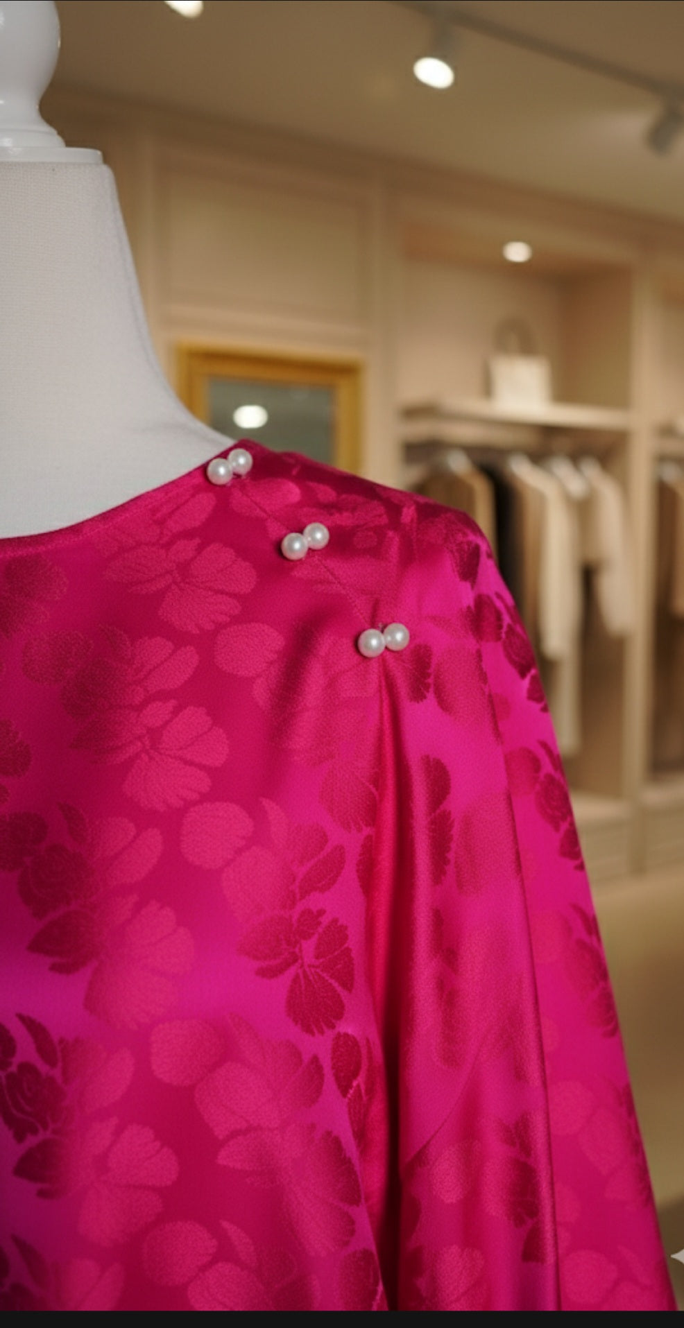 Vibrant Hot Pink Jacquard Silk Blouse & Wide-Leg Pants Set